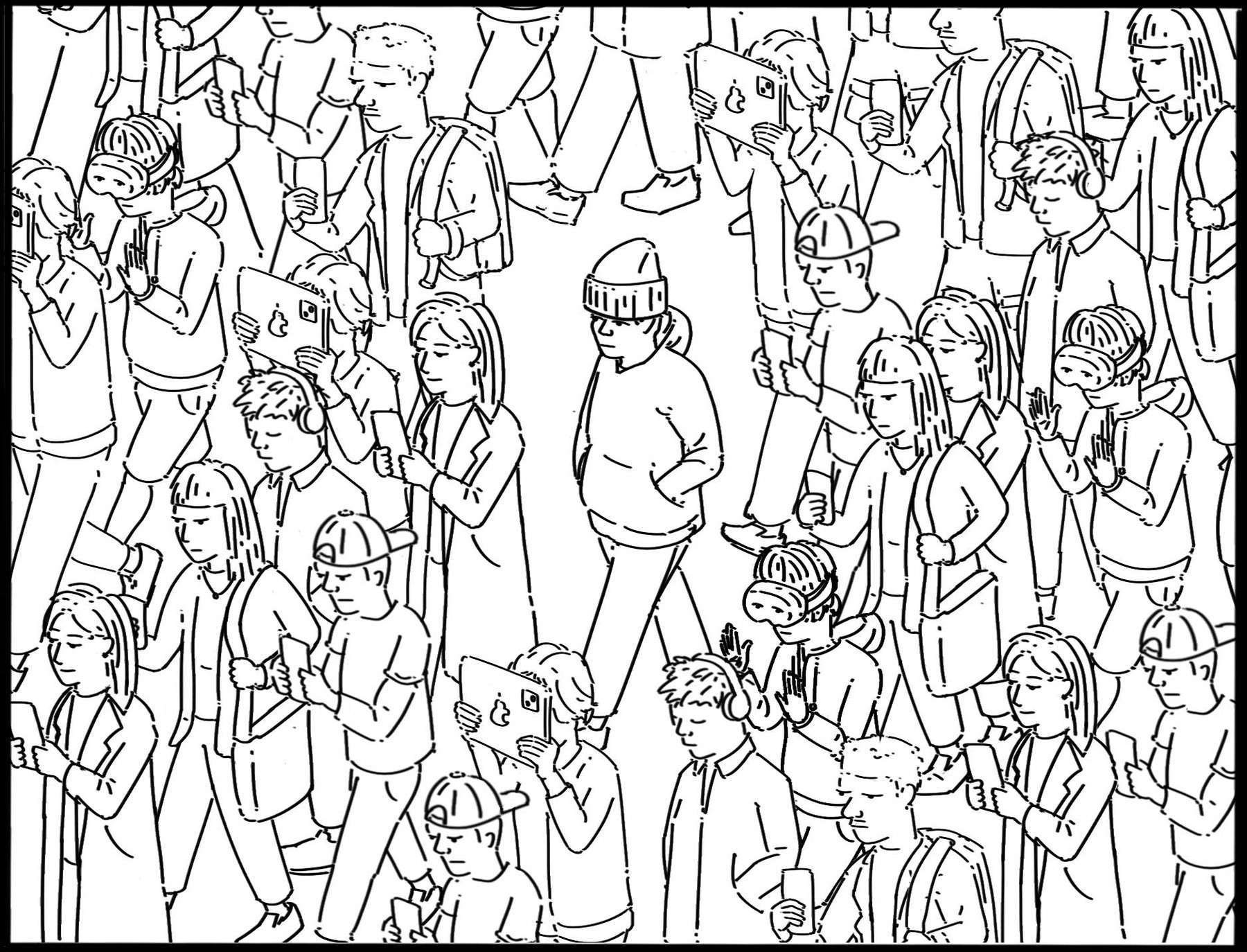 Line drawing of a crowd absorbed in phones, tablets, headphones and VR headsets, with one person in a beanie walking through looking up