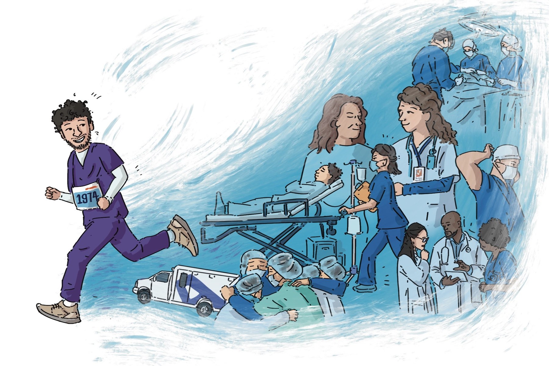 A smiling runner in purple scrubs and a race bib, with a wave of nurses, doctors, surgeons and an ambulance behind him