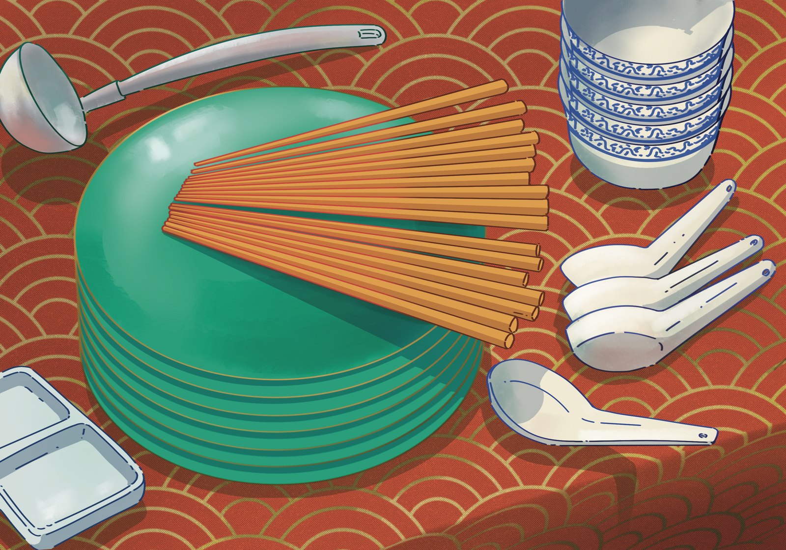 Plates: stacked green plates, chopsticks, spoons and bowls on a red patterned tablecloth
