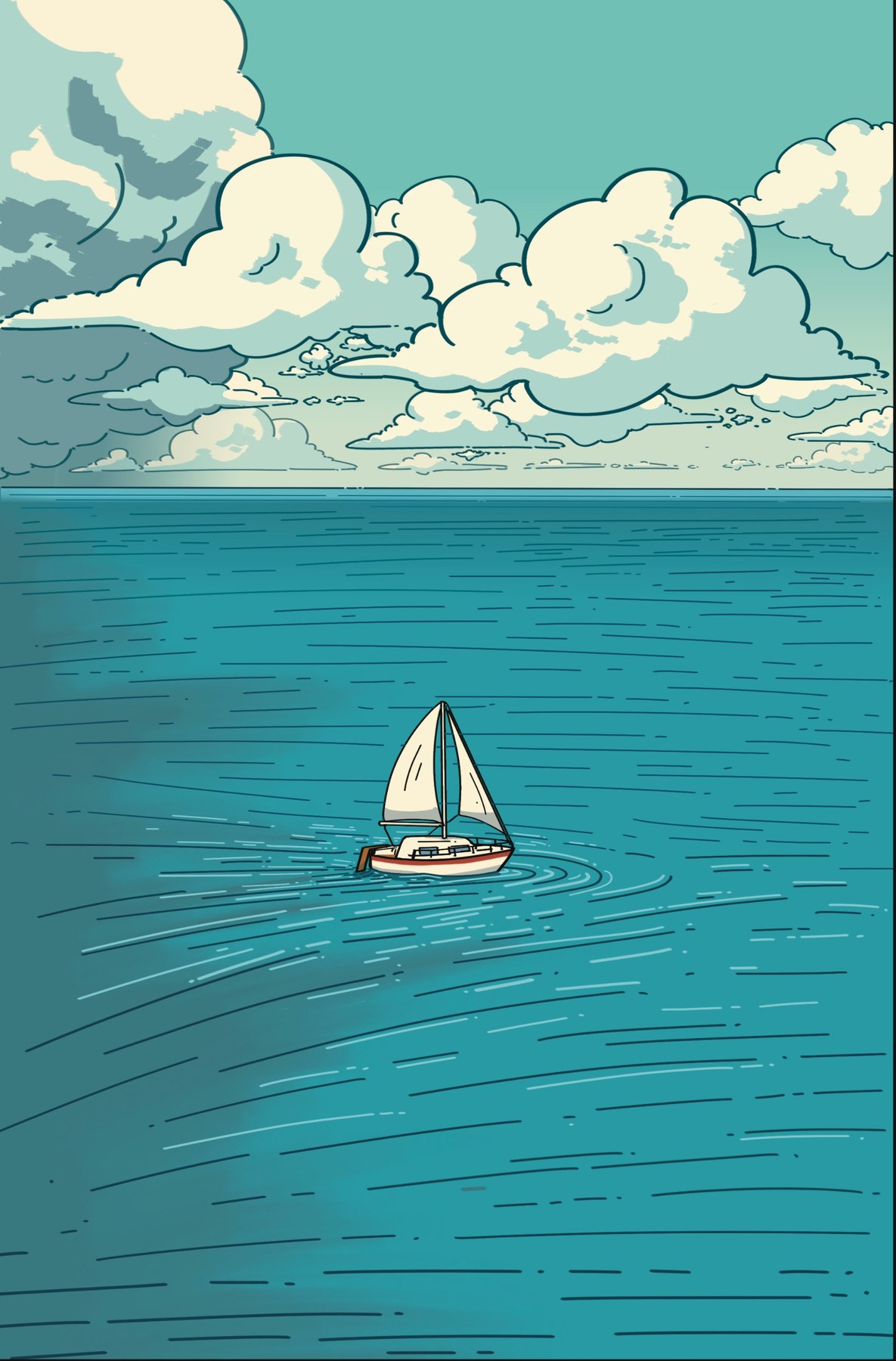 A small sailboat alone on a wide teal sea under towering clouds, a darker storm gathering on the left