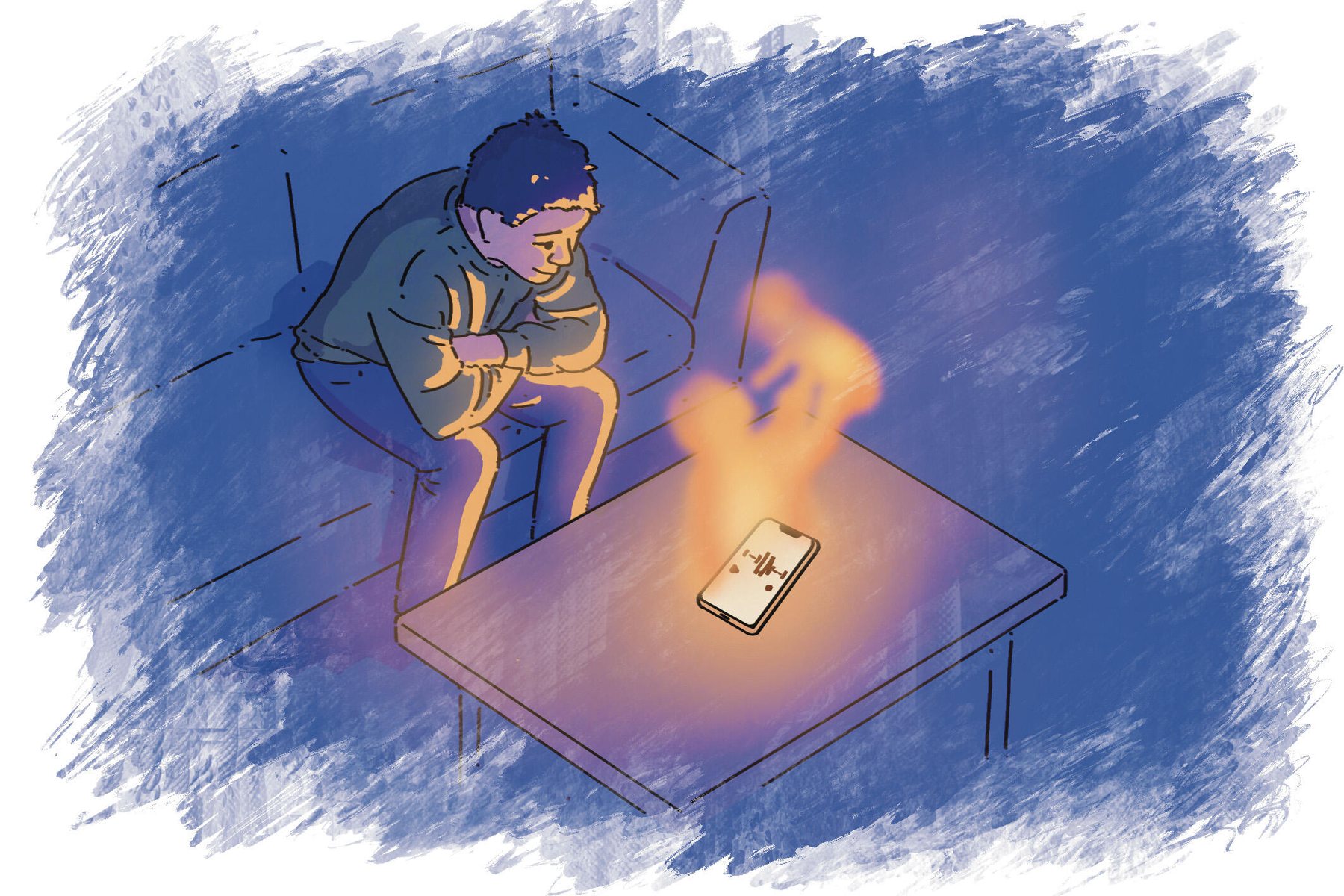 A man on a couch watching a glowing phone on a coffee table