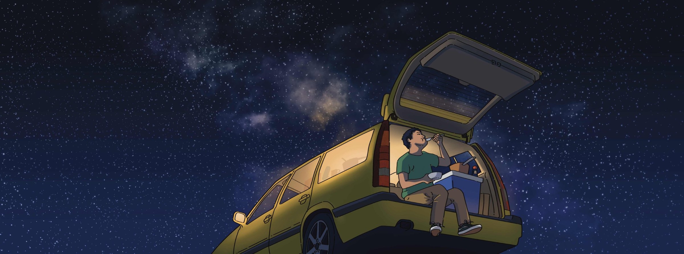 A young man eating from a bowl in the open back of a yellow station wagon under a starry night sky