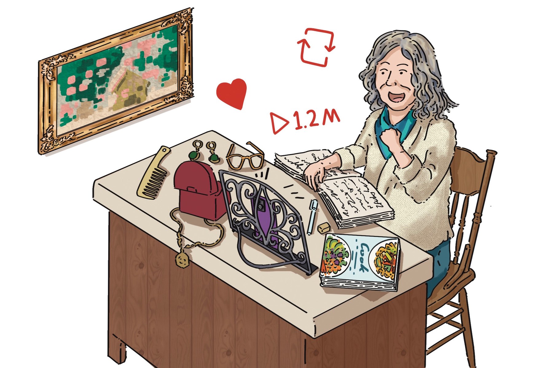 An older woman cheering at her desk as her phone video hits 1.2 million views, surrounded by jewellery, a journal and a cookbook