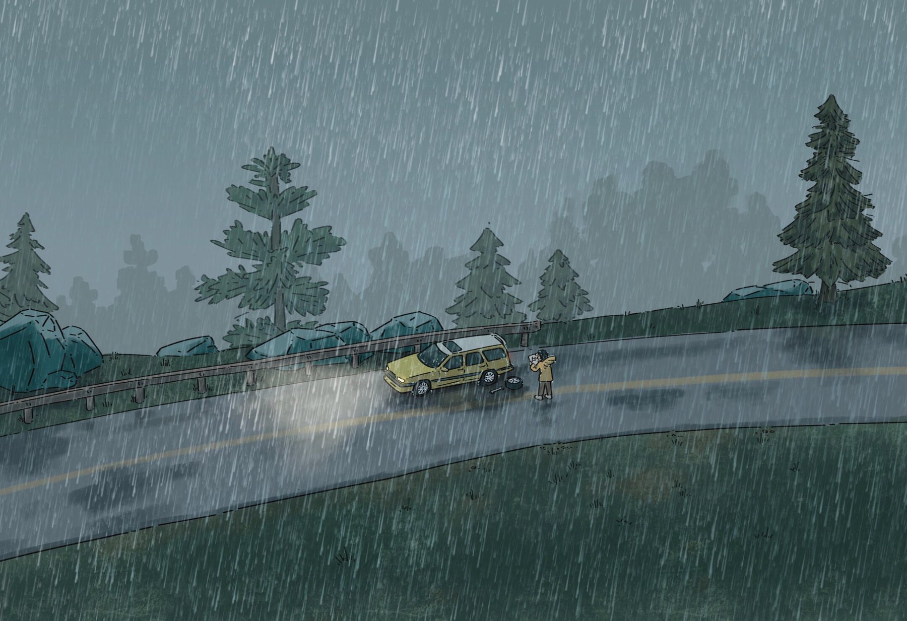 A person beside a yellow station wagon with a flat tire on a rainy road