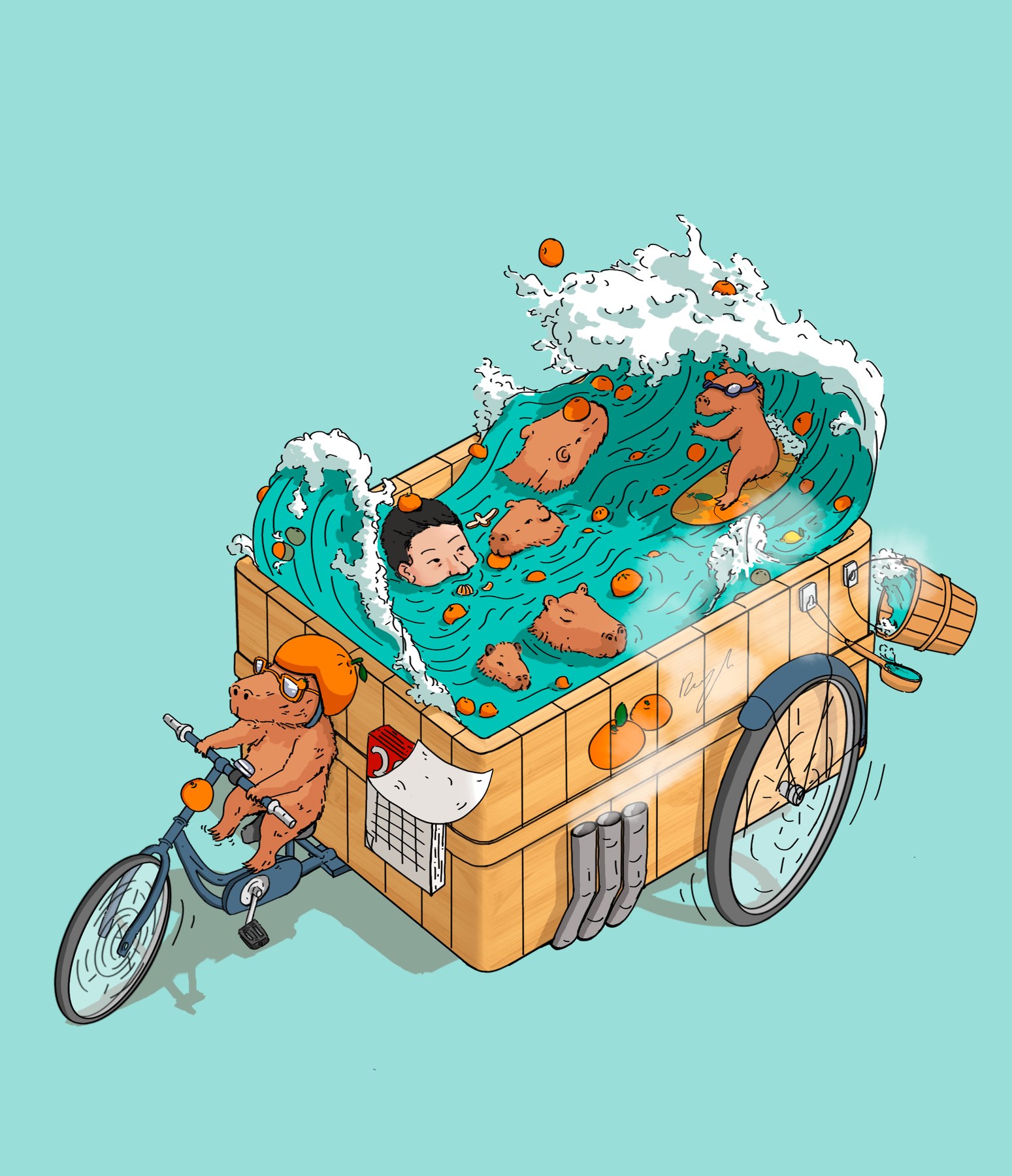 A capybara in an orange helmet pedals a wooden hot tub on wheels, full of capybaras, tangerines, crashing waves and one person soaking