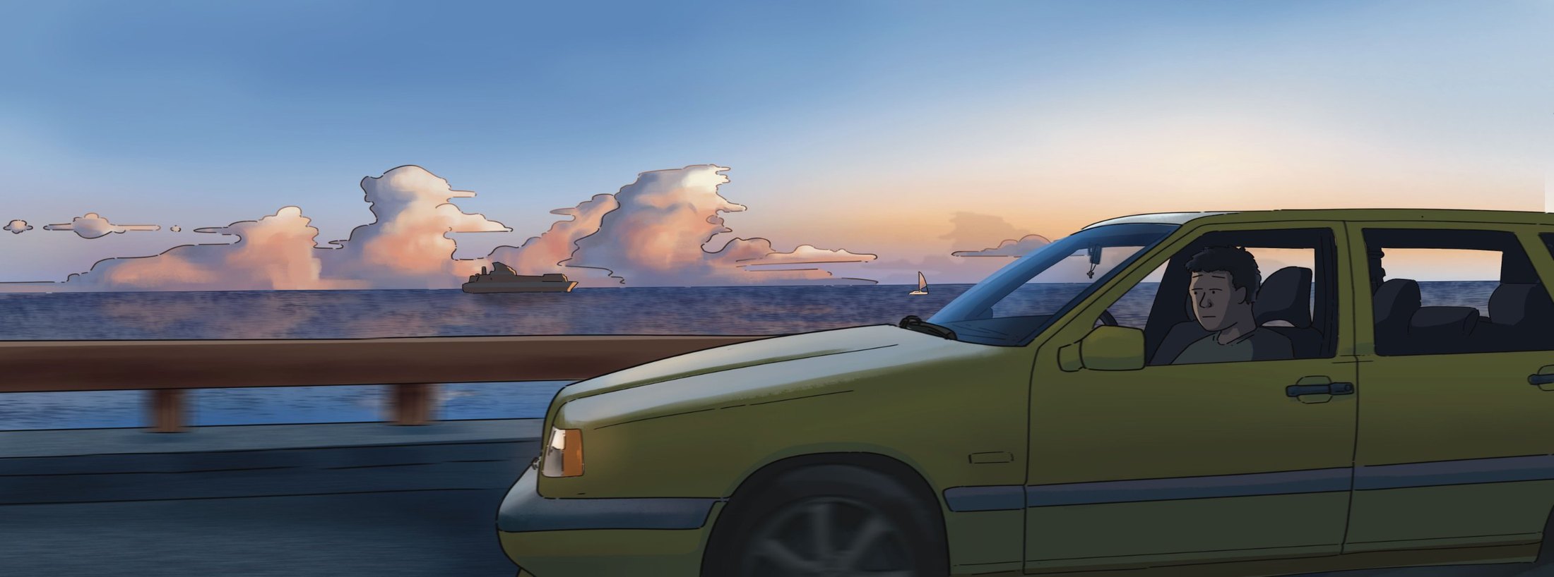 Driving alone along the sea at sunset