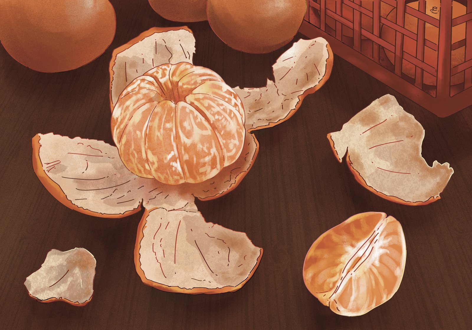 Sharing a tangerine: a peeled tangerine among its peel on a dark table