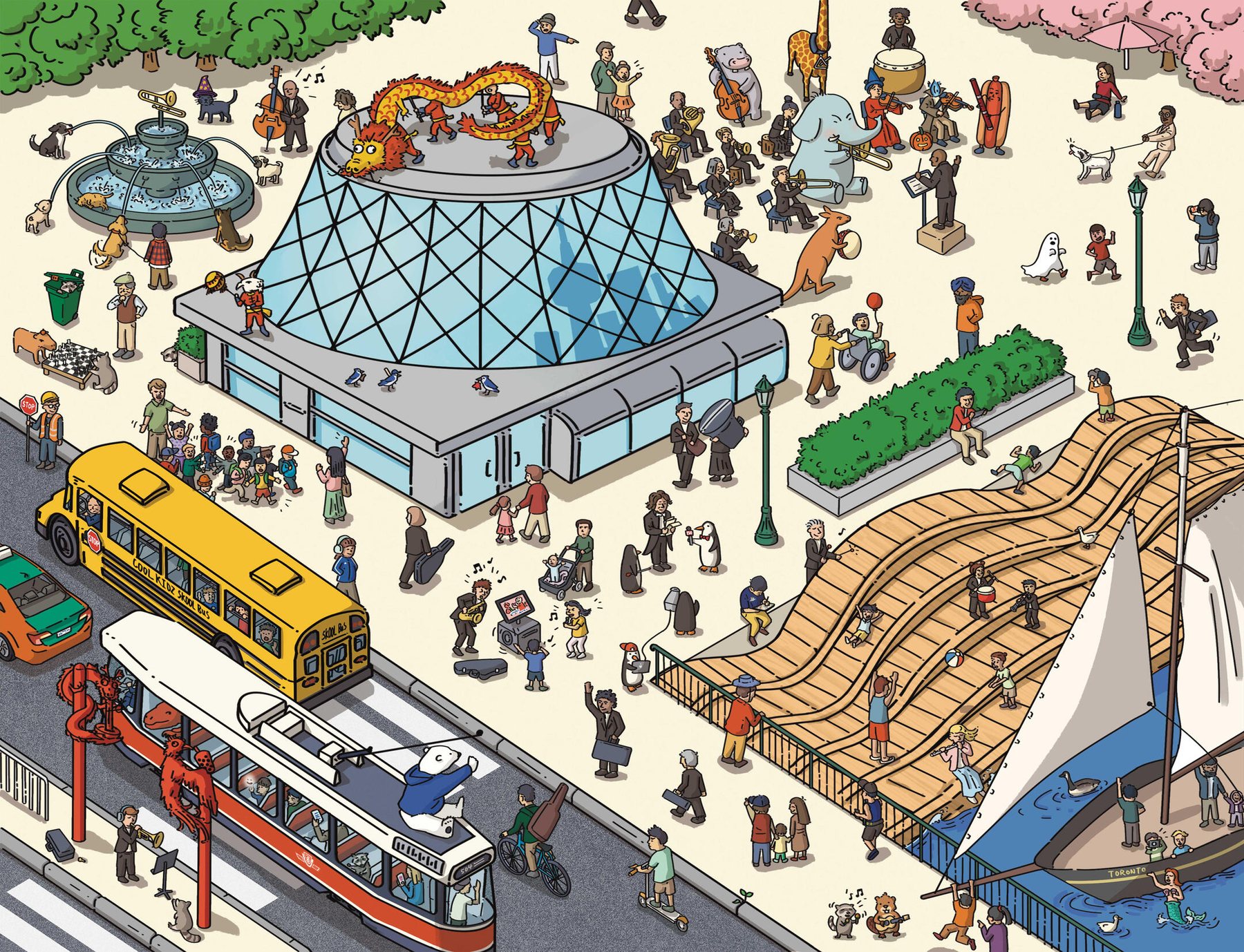 Busy illustrated plaza with musicians, animals and a streetcar for the Toronto Symphony Orchestra