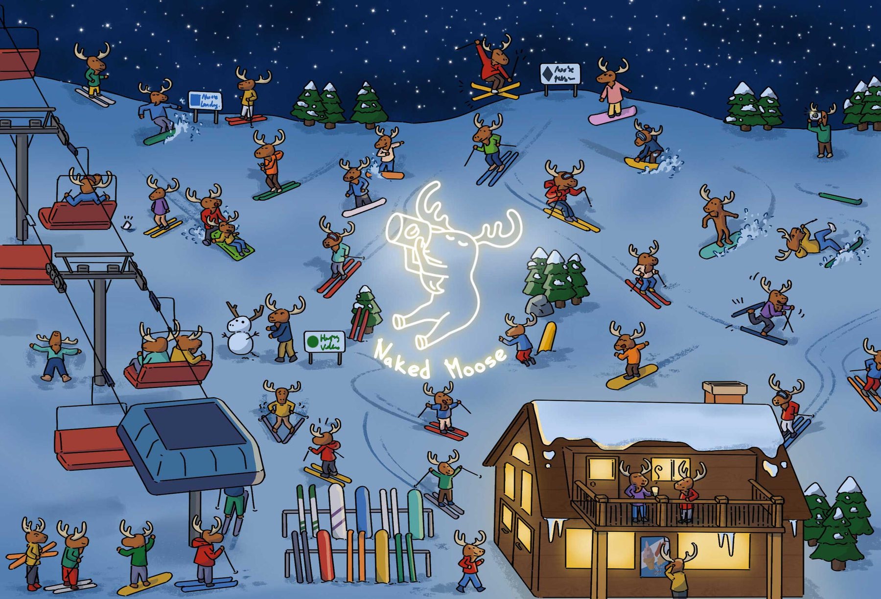 Naked Moose: moose skiing and snowboarding down a night slope